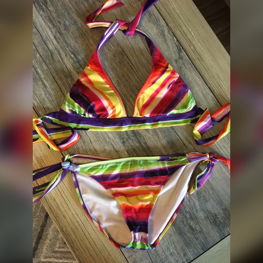 Kenneth Cole Multicolor Striped Triangle Bikini - Purple, Pink, Yellow, Green